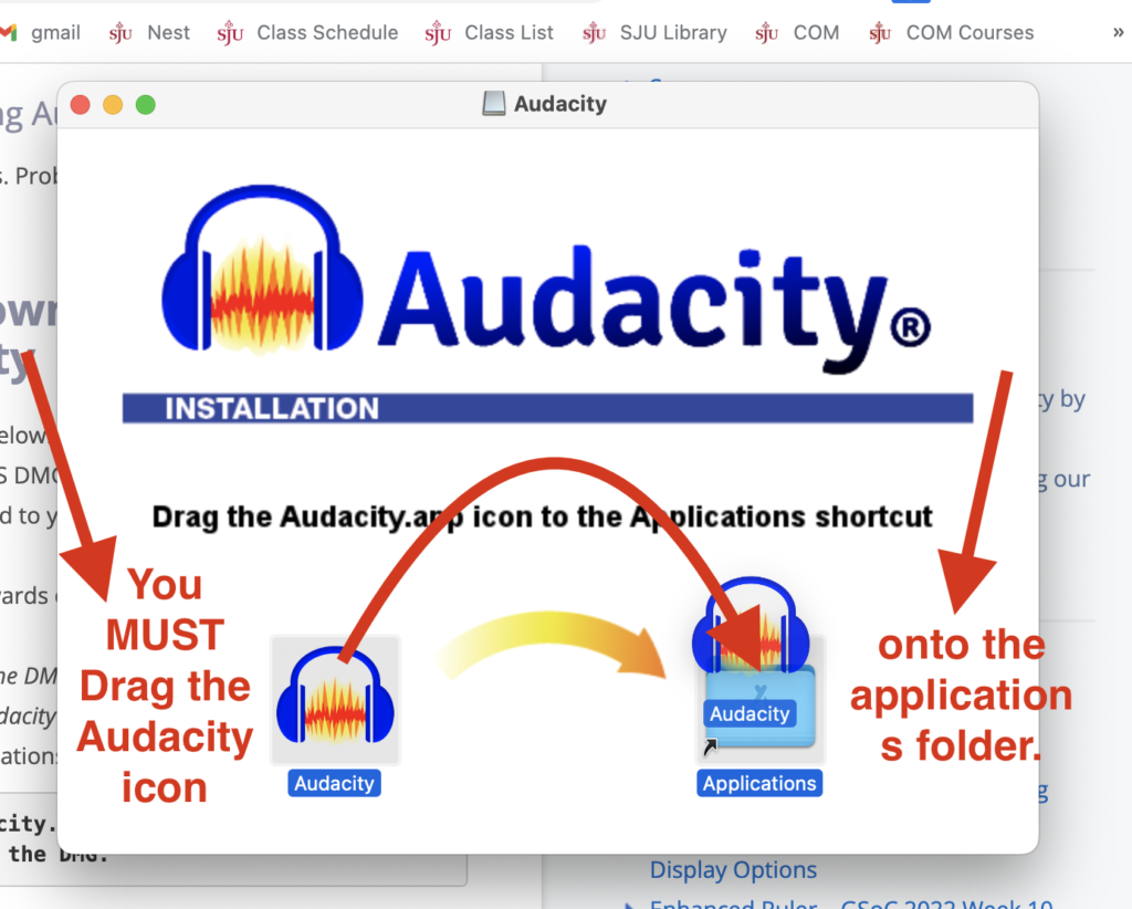 Audacity installation window showing how to drag the icon onto the applications folder.